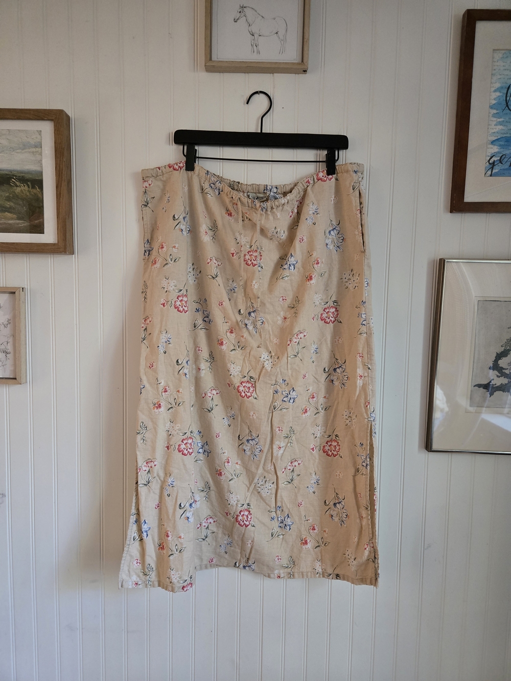 White Stag Cottagecore 90's Butter Mom Beige Floral Linen Cotton Midi Skirt